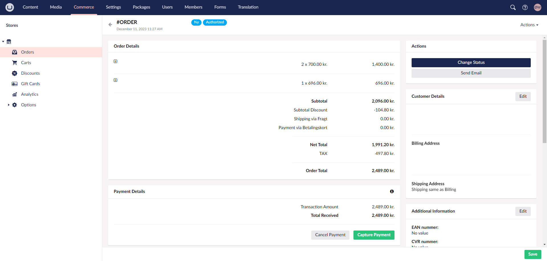 Ordre i Umbraco Commerce
